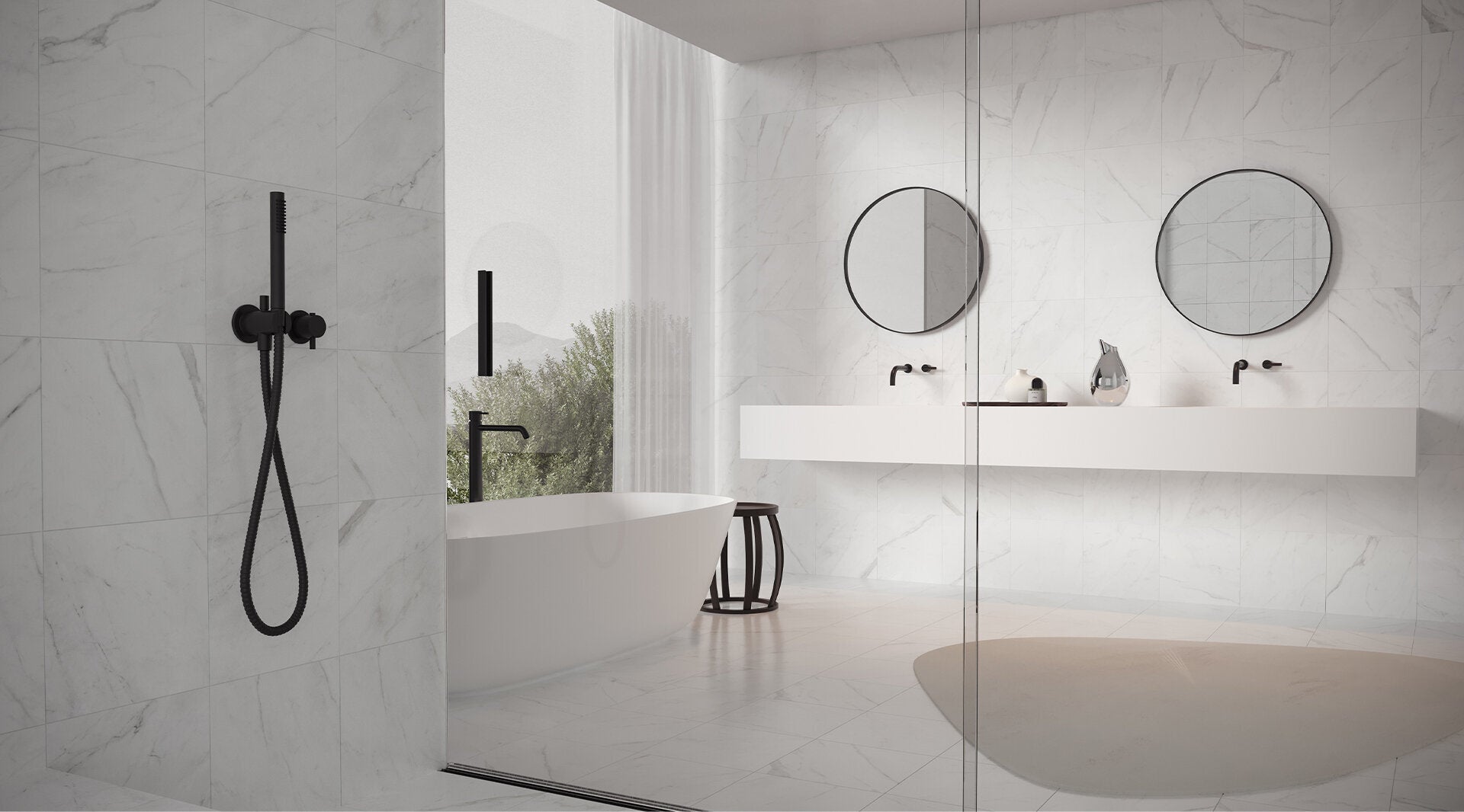 Anatolia Altezza Marble Look Tile in a bathroom setting