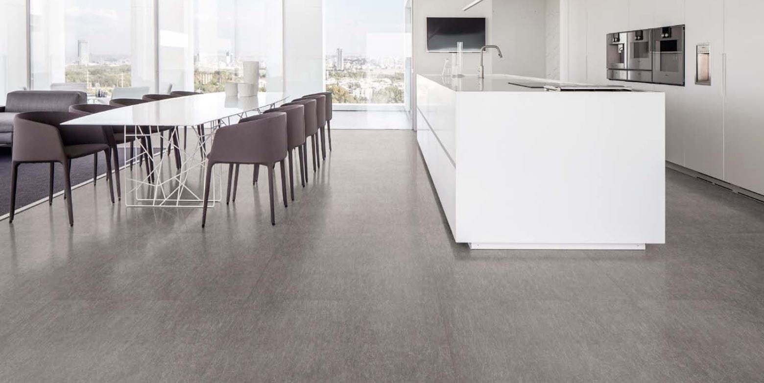 metal look tile used in a floor in a kitchen