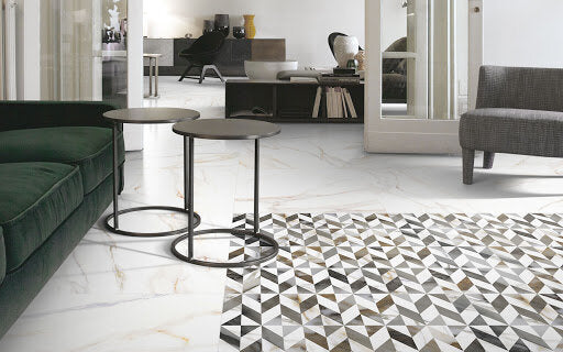 Vallelunga Cava Marble Look Tile in a living room setting