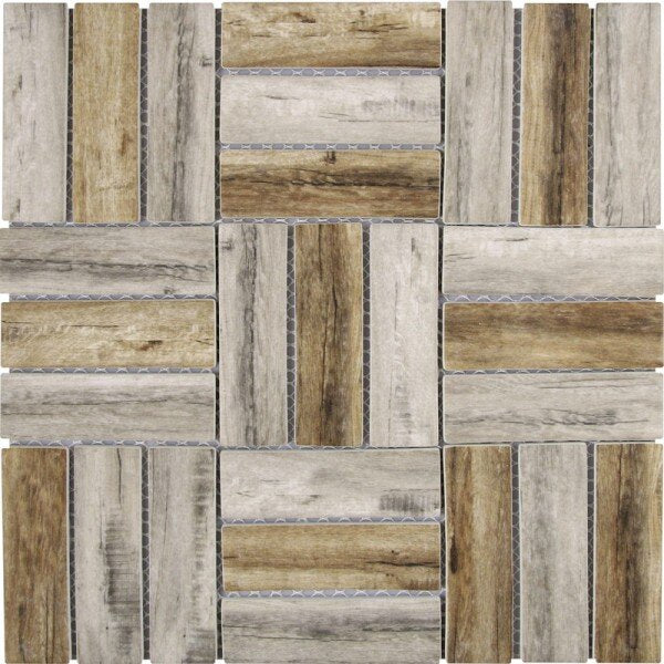 Glass Tile Stacked Square Wood Look Matte