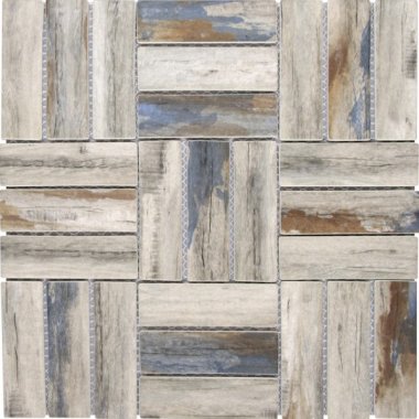 Glass Tile Stacked Square Wood Look Matte 11.7" x 11.7" - Beige Brown Blue