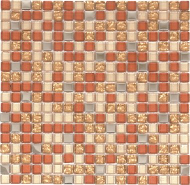 Glass Tile Glossy Mosaic 1" x 1" - Mix Beige/Steel/Gold