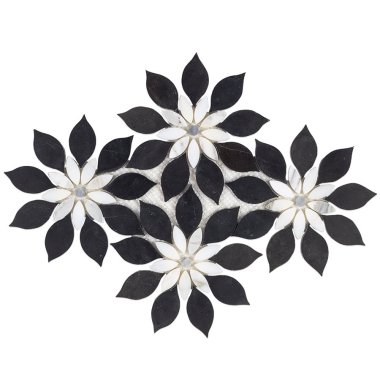 Water Jet MJ Rain Flower Tile 12.4" x 14.13" - Black Jade, Calacatta and Calacatta Dot