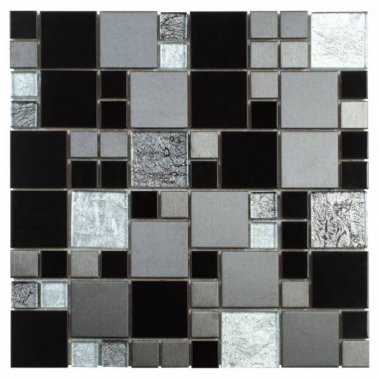 Glass Tile Brushed Steel Mix Cube 12" x 12" - Black and Grey