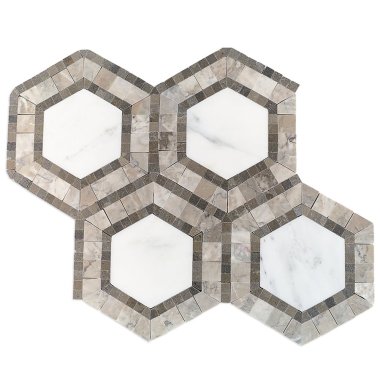Metrology Hexagon Tile 10.75" x 12.25" - Asian Statuary & Lagos &Temple Gray
