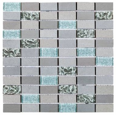 Stone Tile Mosaic Brick 7/8" x 2" - Grey/Silver Glass / Grey Stone
