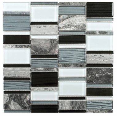 Marble Stone Tile Marble Glass Mosaic Rectangle 12" x 12" - Black Grey White