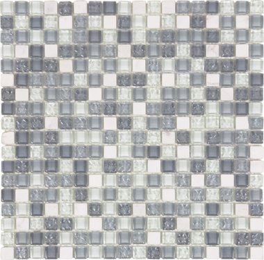 Glass Tile Glossy Mosaic 1" x 1" - Mix White/Light Grey