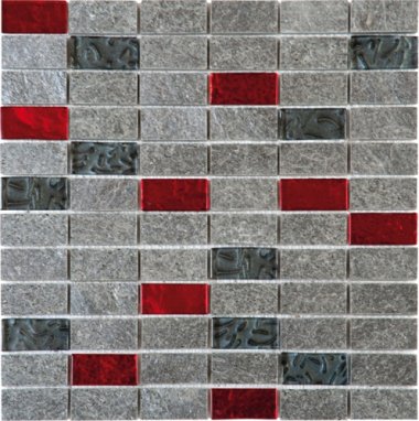 Quartzite Stone Tile Mosaic Natural 1" x 2" - Grey w/Red Glass