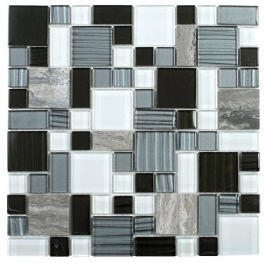 Marble Stone Tile Marble Glass Mosaic Mixed 12" x 12" - Black Grey White