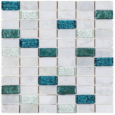 Marble Stone Tile Brick 7/8" x 2" - White/Turquoise