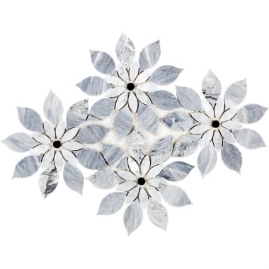 Water Jet MJ Rain Flower Tile 12.4" x 14.13" - Bardiglio Nouvelato, White Carrara with Black Jade Dot