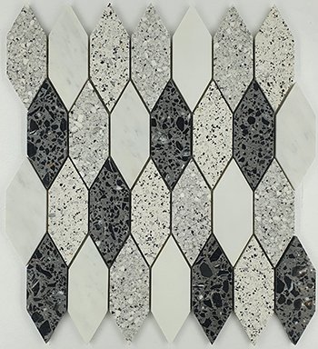 Long Hexagon Terrazzo Marble Mix Mosaic 13" x 13.8" - White, Grey and Black