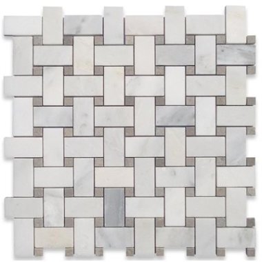 Basket Weave Tile 12.75" x 12.75" - Statuary White with Silver Dot
