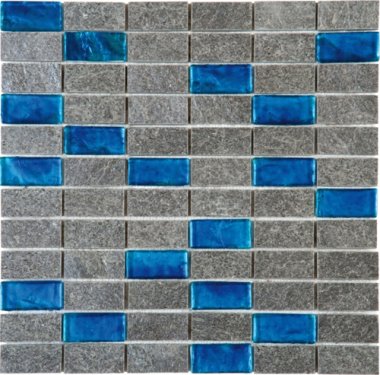 Quartzite Stone Tile Mosaic Natural 1" x 2" - Grey w/Turquoise Glass