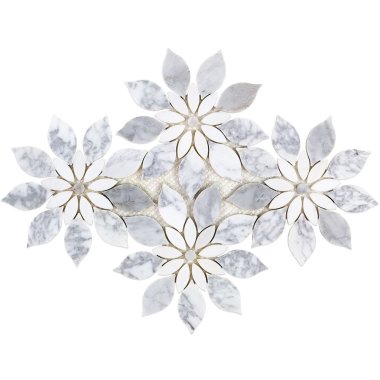 Water Jet MJ Rain Flower Tile 12.4" x 14.13" - White Carrara, White Thassos and White Carrara Dot