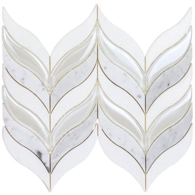 Water Jet Botanic Winter Tile 11.81" x 8.46" - White Carrara, White Thassos, Iridecent White Glass