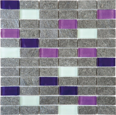 Quartzite Stone Tile Mosaic Polished 1" x 2" - Grey w/Purple and White Glass